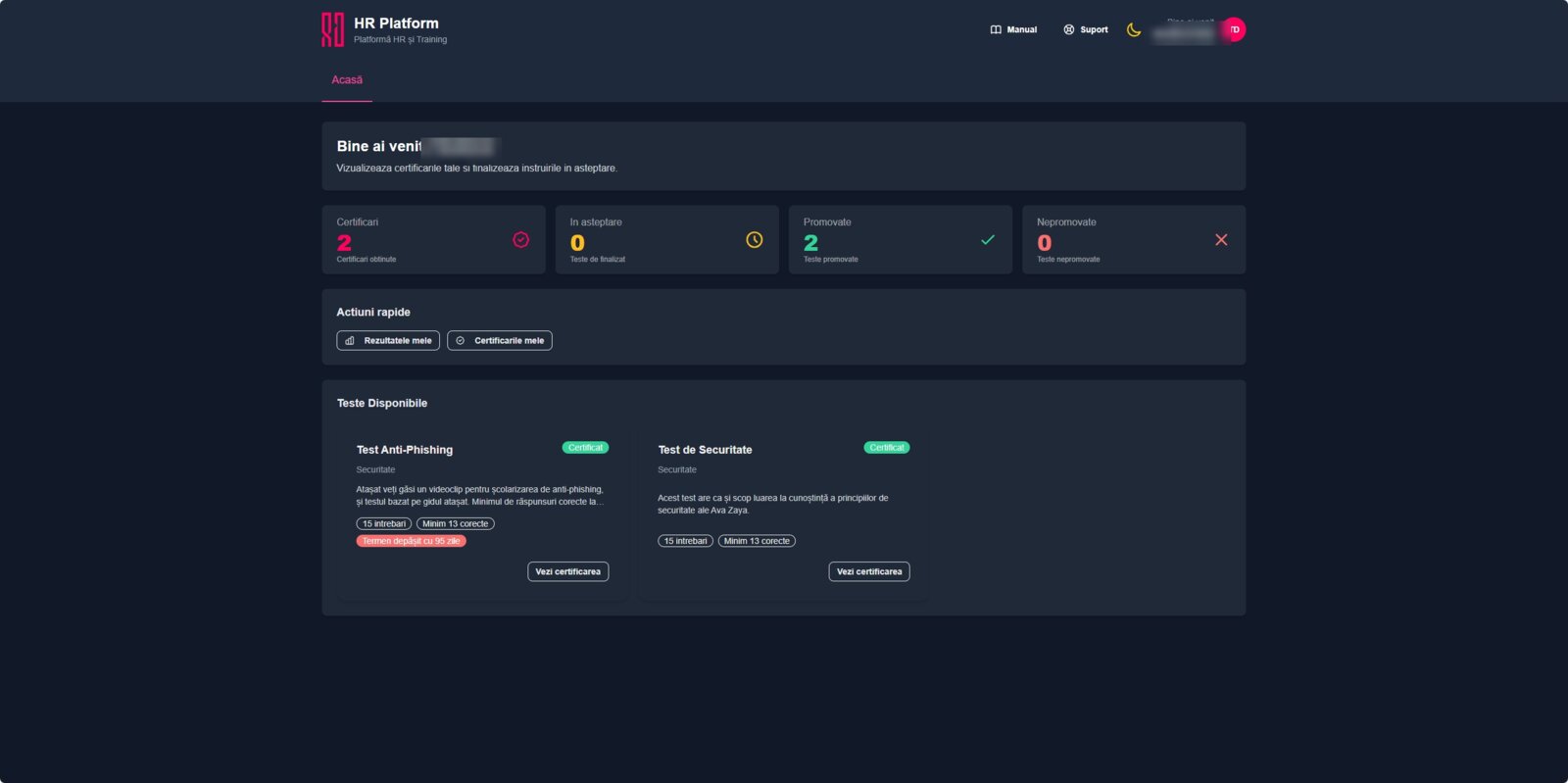 Panoul angajatului în Angajați360: certificări obținute, teste în așteptare și instruiri disponibile, cu termene marcate