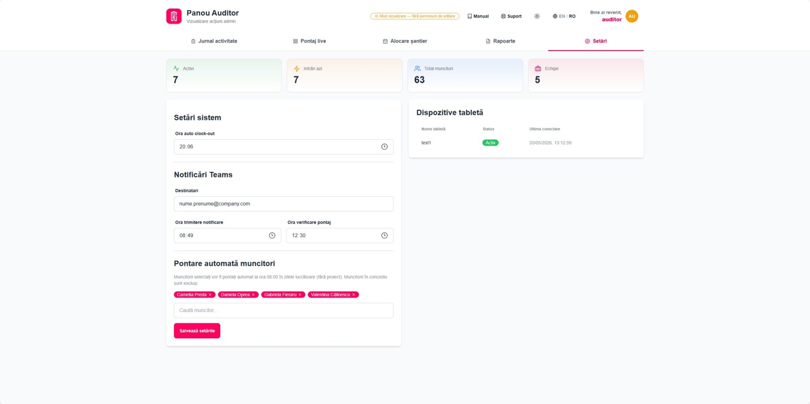 Setările aplicației: ora de închidere automată a pontajului, notificările Teams cu destinatari și ore configurabile, pontarea automată pentru personalul cu program fix și dispozitivele tabletă înrolate